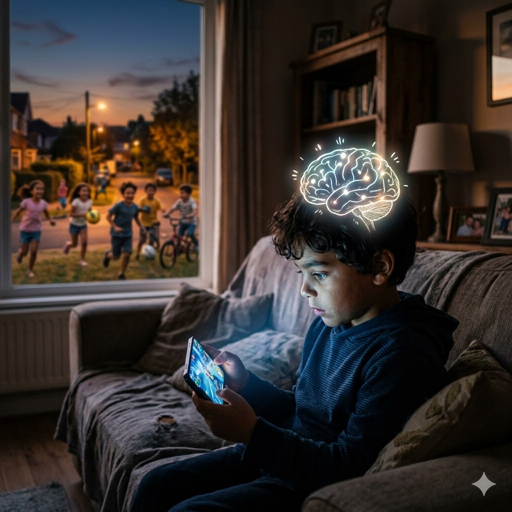 Criança com cérebro iluminado olhando o celular enquanto outras brincam ao fundo