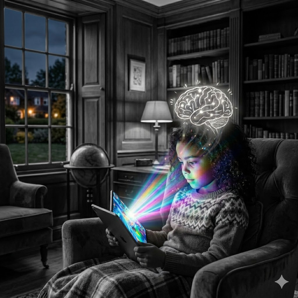 Criança em ambiente cinza com tela colorida do tablet projetando luzes