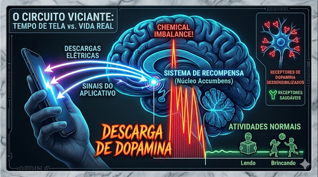 Infográfico mostrando o circuito viciante da dopamina no cérebro infantil