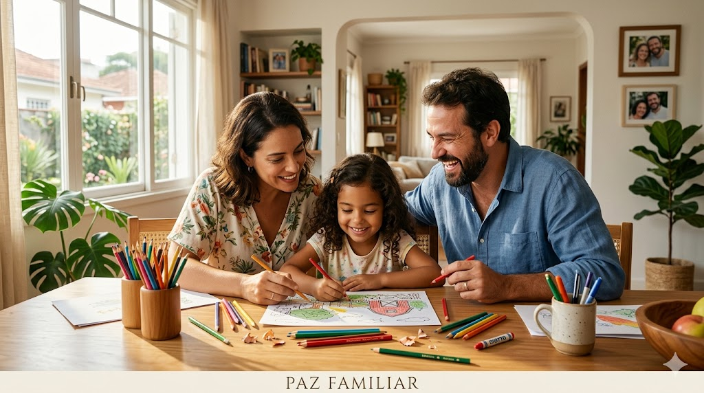 Família reunida na mesa colorindo juntos em um ambiente luminoso