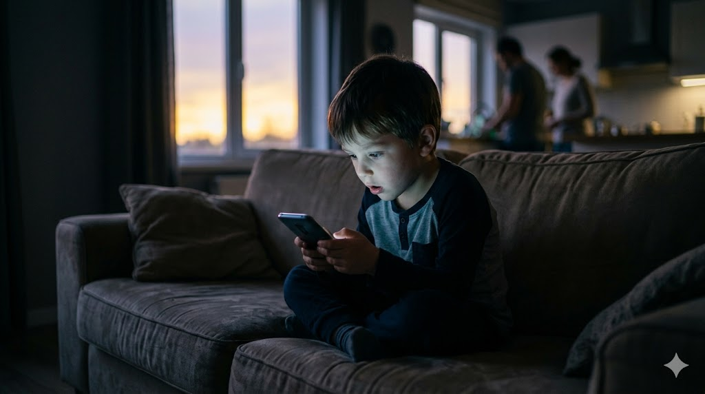 Criança hipnotizada pela tela do celular no sofá enquanto a família está ao fundo